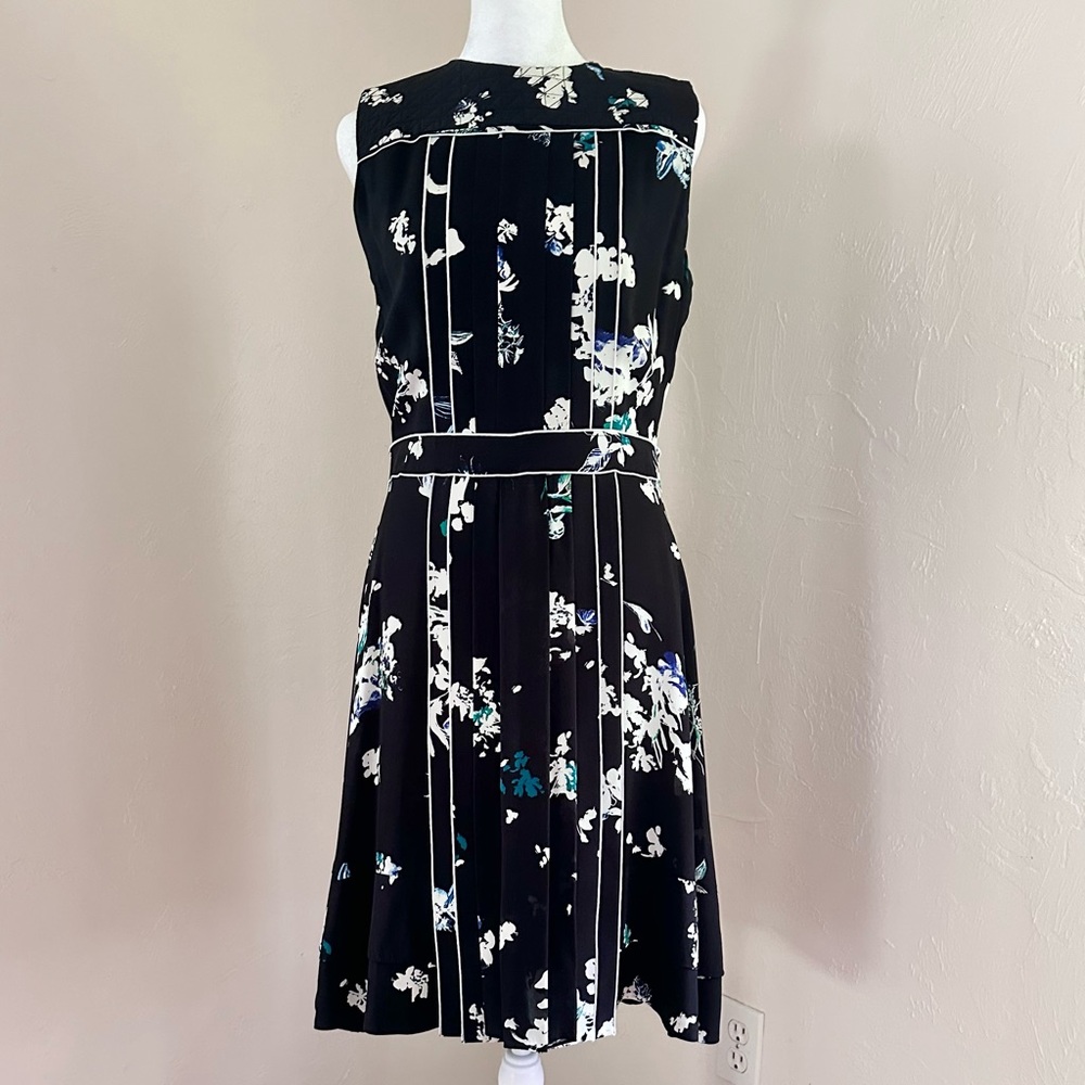 Proenza Schouler Pleated Crepe De Chine Silk Dress Black and Blue Floral Print 8